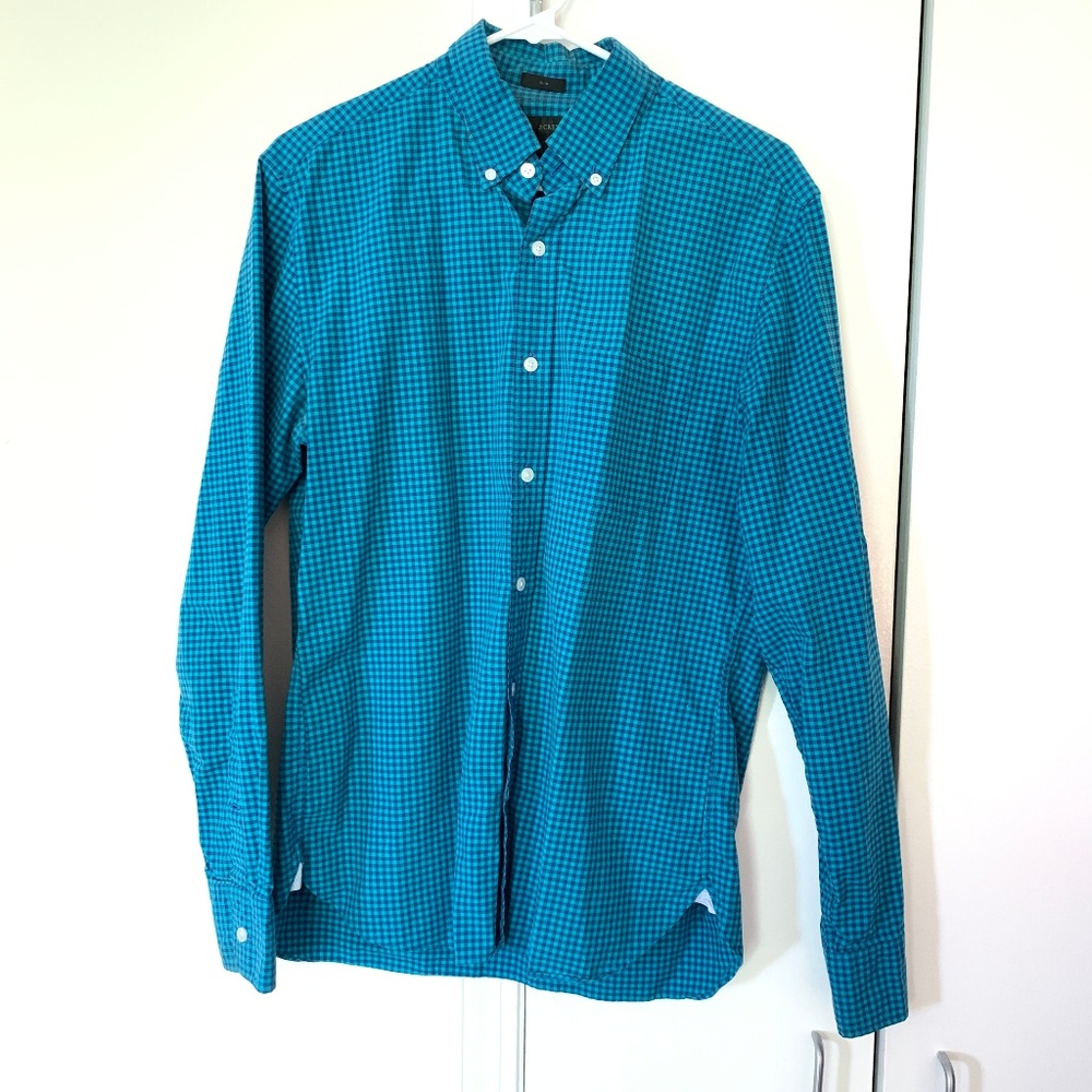 J. Crew navy and turquoise checkered buttondown